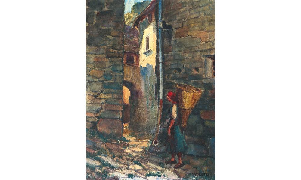 julius-voegtli-tessiner-mädchen-im-hinterhof-aquarell-auf-papier-33x24cm-1935
